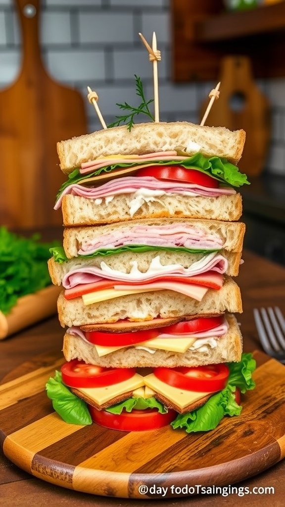 A delicious three-tier sandwich with turkey, ham, lettuce, tomatoes, and cheese, displayed on a wooden platter.